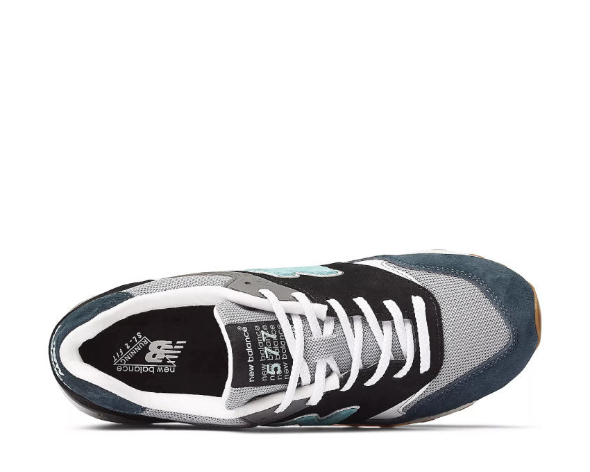 New Balance 577 Black/Grey/Green side view — premium leather made in England