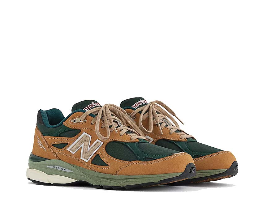 New Balance 990 Made in USA Tan/Vert vue latérale — mesh et suédé naturel