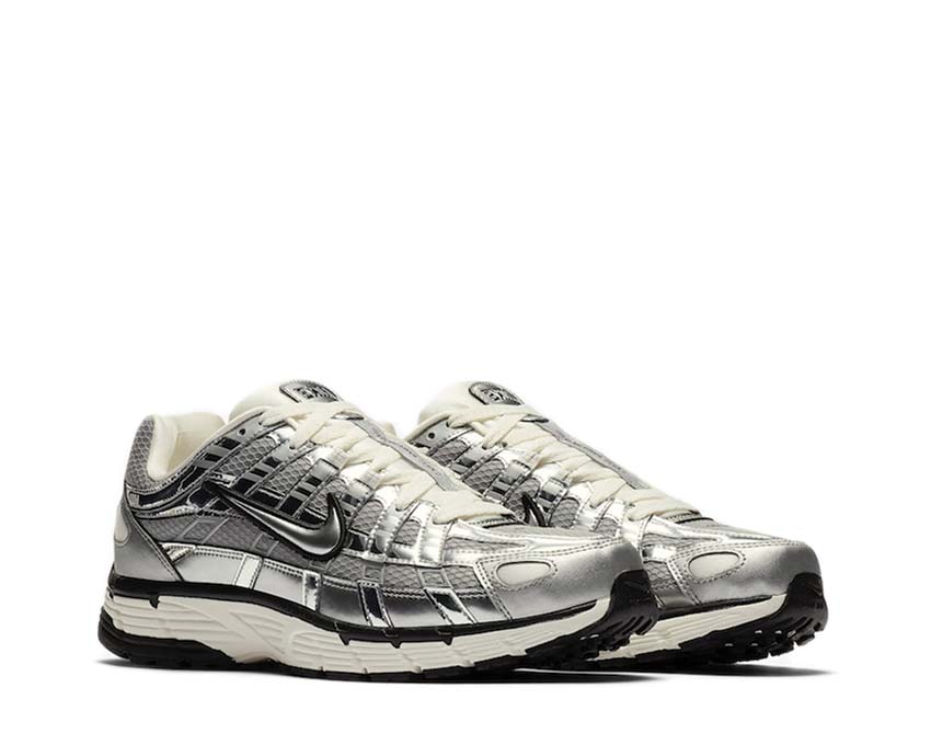 Nike P-6000 Metallic Silver vista laterale — mesh tecnico