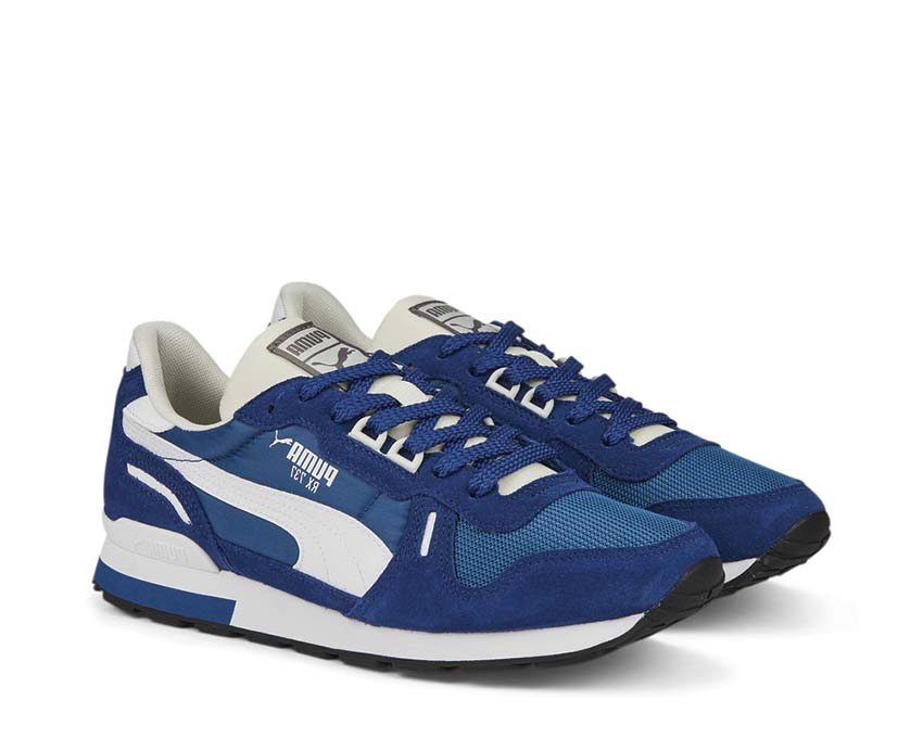 Puma RX 737 Vintage Lake Blue vista lateral — overlays retro en contraste